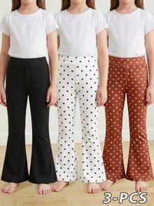 SHEIN Genkimix Kids 3-Pack Girls' Black And Polka Dot High-Waisted Flared Pants, Suitable For Daily Wear In Spring And Autumn And Back-To-School Season, Girls' Flared - Multicolor - View 8