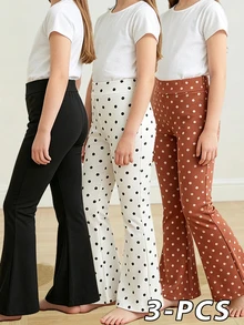 SHEIN Genkimix Kids 3-Pack Girls' Black And Polka Dot High-Waisted Flared Pants, Suitable For Daily Wear In Spring And Autumn And Back-To-School Season, Girls' Flared - Multicolor - View 5