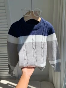 SHEIN 小男孩休閒韓系學院風圓領針織衫，適合通勤、上學、日常穿著、外出、運動，秋冬款 - 藍色 - 查看 2