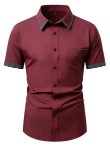Manfinity Mode Men's Patchwork Plaid Short Sleeve Single-Breasted Casual Shirt - Burgundy - View 3