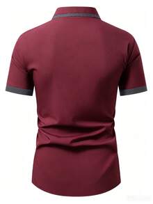 Manfinity Mode Men's Patchwork Plaid Short Sleeve Single-Breasted Casual Shirt - Burgundy - View 2