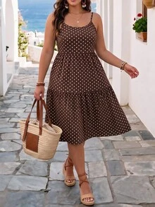 SHEIN Frenchy 休閒波西米亞風 1920 年代復古 90 年代棕色印花大尺碼細肩帶洋裝，適合春夏度假 - 彩色 - 查看 1
