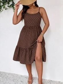 SHEIN Frenchy 休閒波西米亞風 1920 年代復古 90 年代棕色印花大尺碼細肩帶洋裝，適合春夏度假 - 彩色 - 查看 4