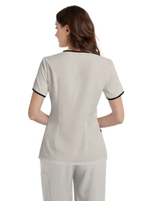 TaskEZ Women Summer Contrast Trim V-Neck Short Sleeve Scrub Uniform Top - Light Grey - View 2