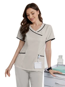 TaskEZ Women Summer Contrast Trim V-Neck Short Sleeve Scrub Uniform Top - Light Grey - View 5