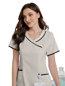 TaskEZ Women Summer Contrast Trim V-Neck Short Sleeve Scrub Uniform Top - Light Grey - View 8