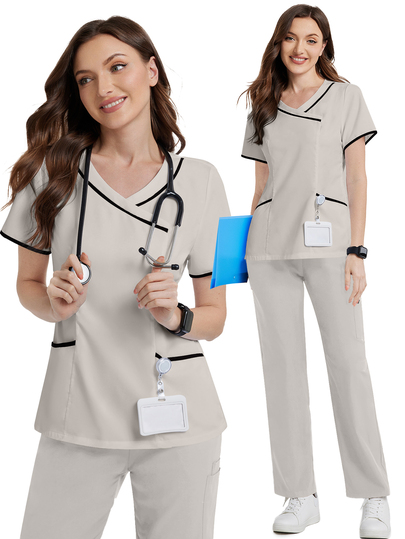 TaskEZ Damen Sommer Kontrast Saum V-Ausschnitt Kurzarm Krankenhausuniform Oberteil
