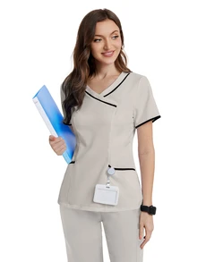 TaskEZ Women Summer Contrast Trim V-Neck Short Sleeve Scrub Uniform Top - Light Grey - View 4