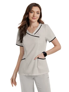 TaskEZ Women Summer Contrast Trim V-Neck Short Sleeve Scrub Uniform Top - Light Grey - View 6