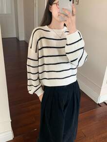 SHEIN TEENGIRL 黑白條紋基礎休閒圓領套頭寬鬆燈籠袖秋季毛衣，返校季大學風休閒針織衫 - 黑與白 - 查看 10