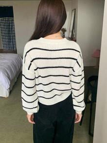 SHEIN TEENGIRL 黑白條紋基礎休閒圓領套頭寬鬆燈籠袖秋季毛衣，返校季大學風休閒針織衫 - 黑與白 - 查看 4