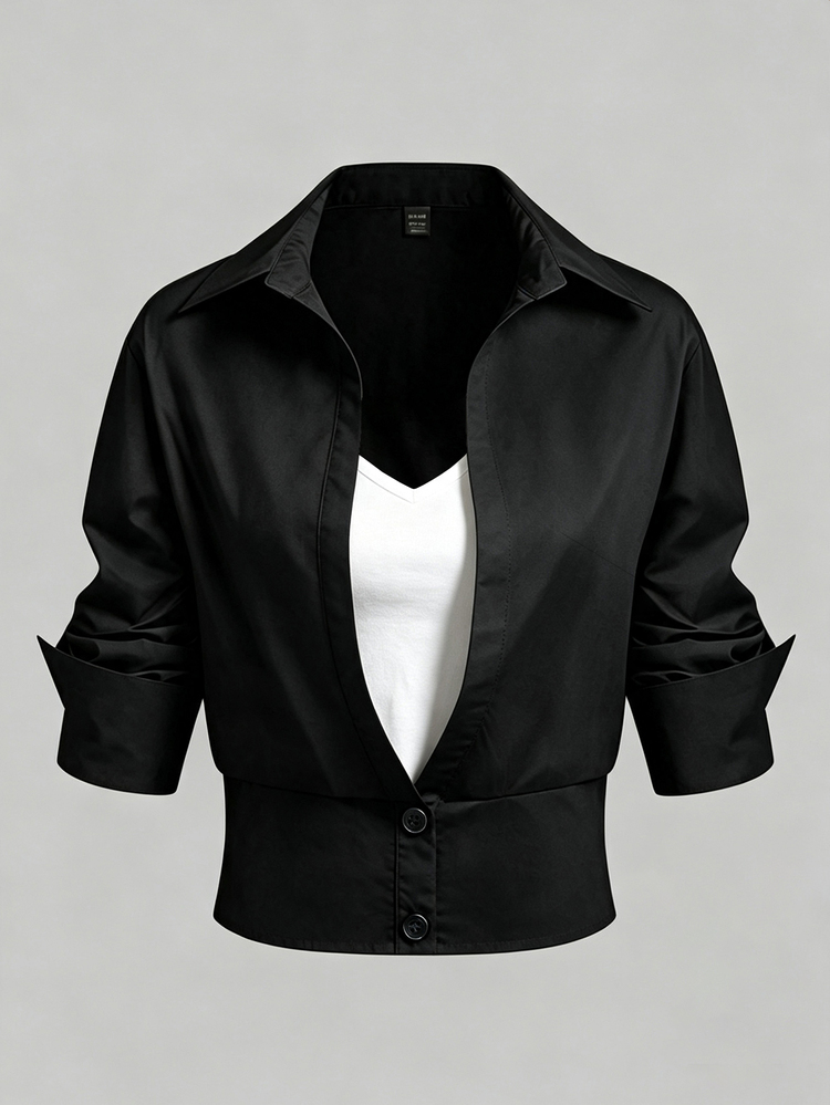 GlowEve CURVE Plus Size Designer Knit Patchwork Fitted Shirt, Luxury Casual Summer Top For Outings, Commuting And Office Wear - Black and White - View 3