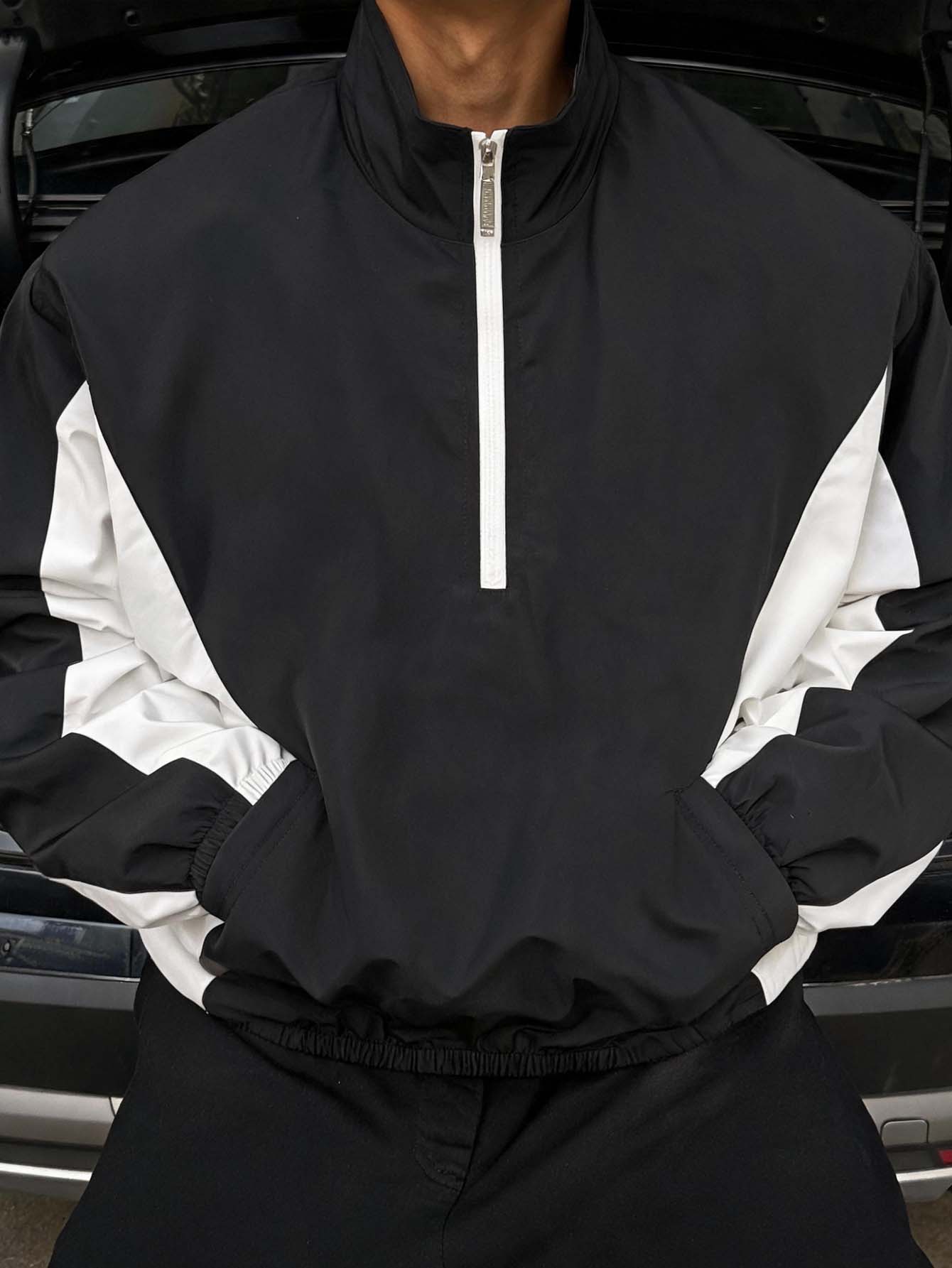 AXEPEAK Men's Autumn Casual Streetwear Active Colorblock Patchwork Jacket Boxing Vacation Black And White Zip Jacket, For Spring, Outdoor - Black and White - View 1