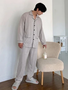 DAZY 新款男士極簡風開襟衫長袖睡衣套裝，休閒長褲居家服，適合春秋穿著 - 淺灰色 - 查看 3