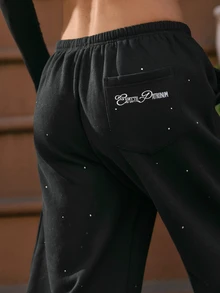 GLOWMODE X Harry Potter Expecto Patronum Everyday Fleece Rhinestone Wide Leg Fleece Pants With Pockets & Drawstring Waist Daily Casual Summer Fall Wear - Black - View 7