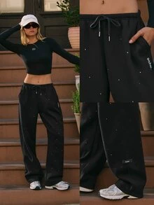 GLOWMODE X Harry Potter Expecto Patronum Everyday Fleece Rhinestone Wide Leg Fleece Pants With Pockets & Drawstring Waist Daily Casual Summer Fall Wear - Black - View 9