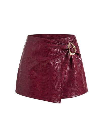 Sweetra Plus Size Burgundy Crocodile Embossed High Waist Slimming Anti-Exposure Bodycon Skirt Skort