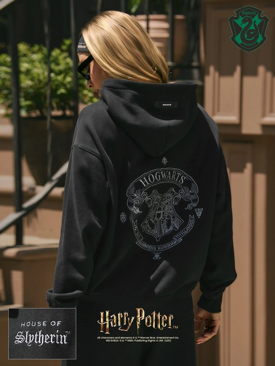 GLOWMODE X Harry Potter 日常抓絨學院徽章寬鬆連帽衫,前後刺繡,日常休閒夏季穿著 - 黑色 - 查看 1