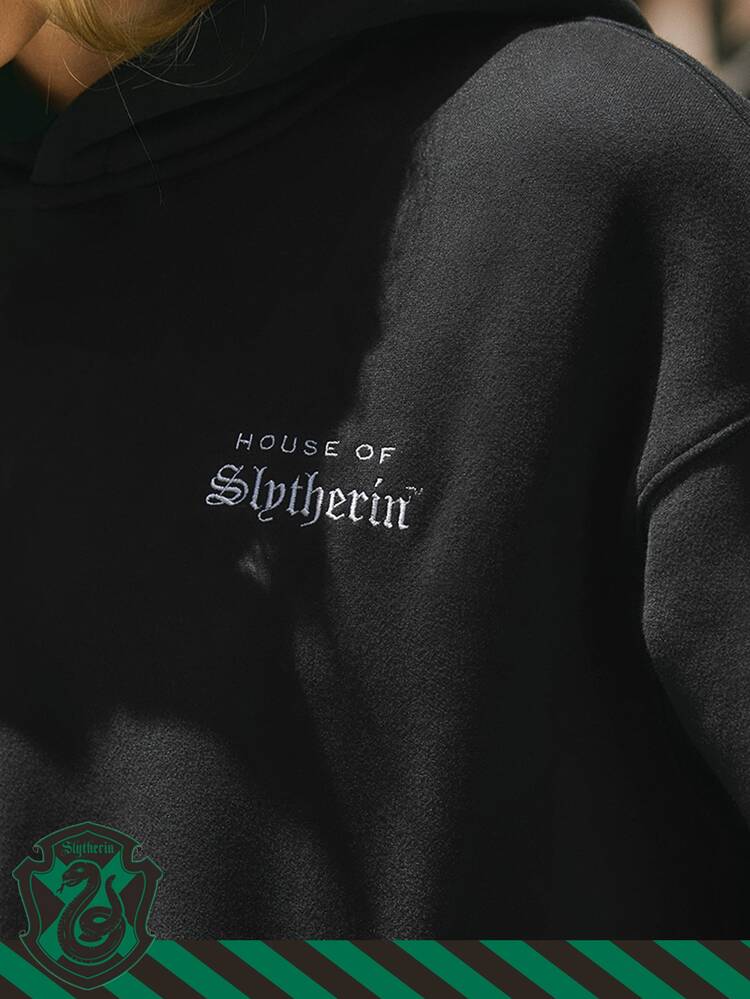 GLOWMODE X Harry Potter  Slytherin House Crest Everyday Fleece  Oversized Hoodie With Embroidered Front & Back Daily Casual Summer Fall Wear - Black - View 3