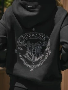 GLOWMODE X Harry Potter 日常抓絨學院徽章寬鬆連帽衫，前後刺繡，日常休閒夏季穿著 - 黑色 - 查看 4