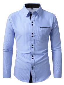Manfinity Mode Men's Formal Casual Streetwear Versatile Commute Striped  Patchwork Long Sleeve Shirt - Blue and White - View 3