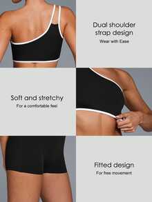Fluxe Women's Colorblock One-Shoulder Top And Shorts Casual Athleisure Active Modest Daily Yoga Sports Set Gym Workout Black And White Summer - Black - View 9