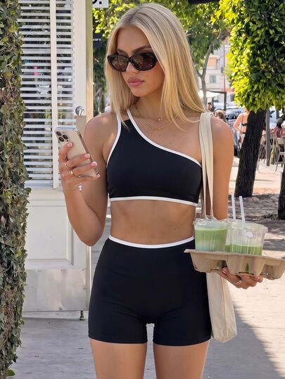 Fluxe Conjunto de top de un solo hombro y shorts con bloques de color para mujer, casual diario, yoga y deportes