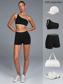 Fluxe Women's Colorblock One-Shoulder Top And Shorts Casual Athleisure Active Modest Daily Yoga Sports Set Gym Workout Black And White Summer - Black - View 11