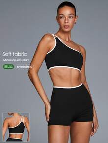 Fluxe Women's Colorblock One-Shoulder Top And Shorts Casual Athleisure Active Modest Daily Yoga Sports Set Gym Workout Black And White Summer - Black - View 6