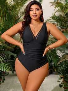 Swim Chiccia 大尺碼女款度假對比網格連身泳衣 黑色沙灘度假夏季性感 - 黑色 - 查看 5