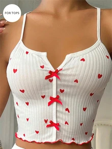 SHEIN Heart Print Lettuce Trim Bow Front Cami Pajama Sleep Top - White - View 3