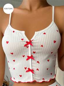 SHEIN Heart Print Lettuce Trim Bow Front Cami Pajama Sleep Top - White - View 4