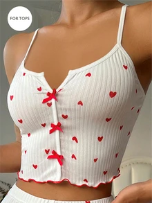 SHEIN Heart Print Lettuce Trim Bow Front Cami Pajama Sleep Top - White - View 5