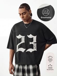 NORVETH Kaos Pria Longgar Leher Bulat Lengan Pendek dengan Cetakan Angka, Kaos Grafis Musim Panas Gaya Streetwear - Hitam - View 2