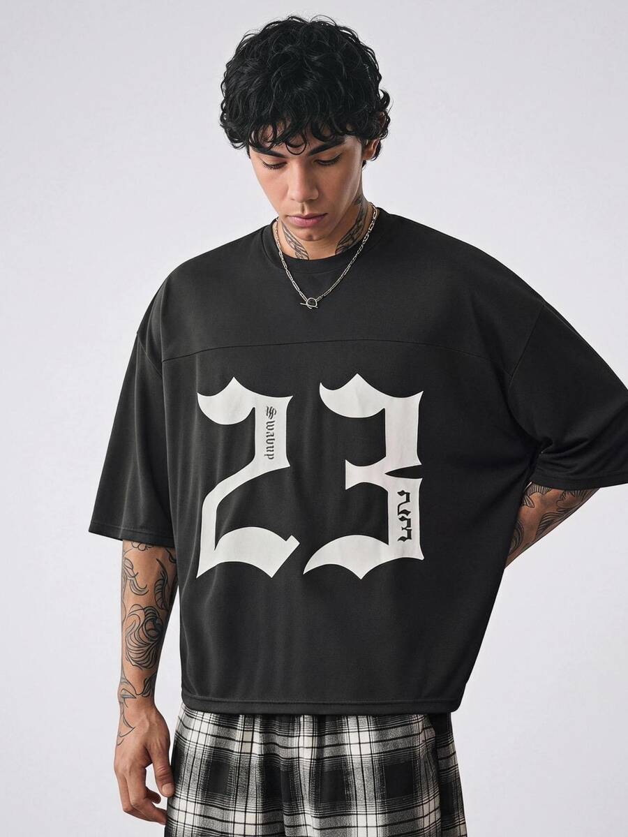 NORVETH Kaos Pria Longgar Leher Bulat Lengan Pendek dengan Cetakan Angka, Kaos Grafis Musim Panas Gaya Streetwear - Hitam - View 1