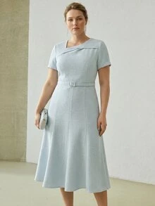 MOTF PREMIUM PLUS SIZE WOMEN'S ELEGANT BLUE MID-LENGTH ASYMMETRICAL NECK SHORT SLEEVE DRESS, SPRING/SUMMER - Blue - View 5