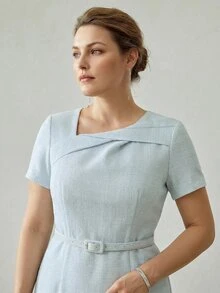 MOTF PREMIUM PLUS SIZE WOMEN'S ELEGANT BLUE MID-LENGTH ASYMMETRICAL NECK SHORT SLEEVE DRESS, SPRING/SUMMER - Blue - View 3