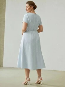 MOTF PREMIUM PLUS SIZE WOMEN'S ELEGANT BLUE MID-LENGTH ASYMMETRICAL NECK SHORT SLEEVE DRESS, SPRING/SUMMER - Blue - View 2