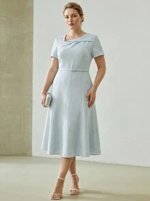 MOTF PREMIUM PLUS SIZE WOMEN'S ELEGANT BLUE MID-LENGTH ASYMMETRICAL NECK SHORT SLEEVE DRESS, SPRING/SUMMER - Blue - View 1