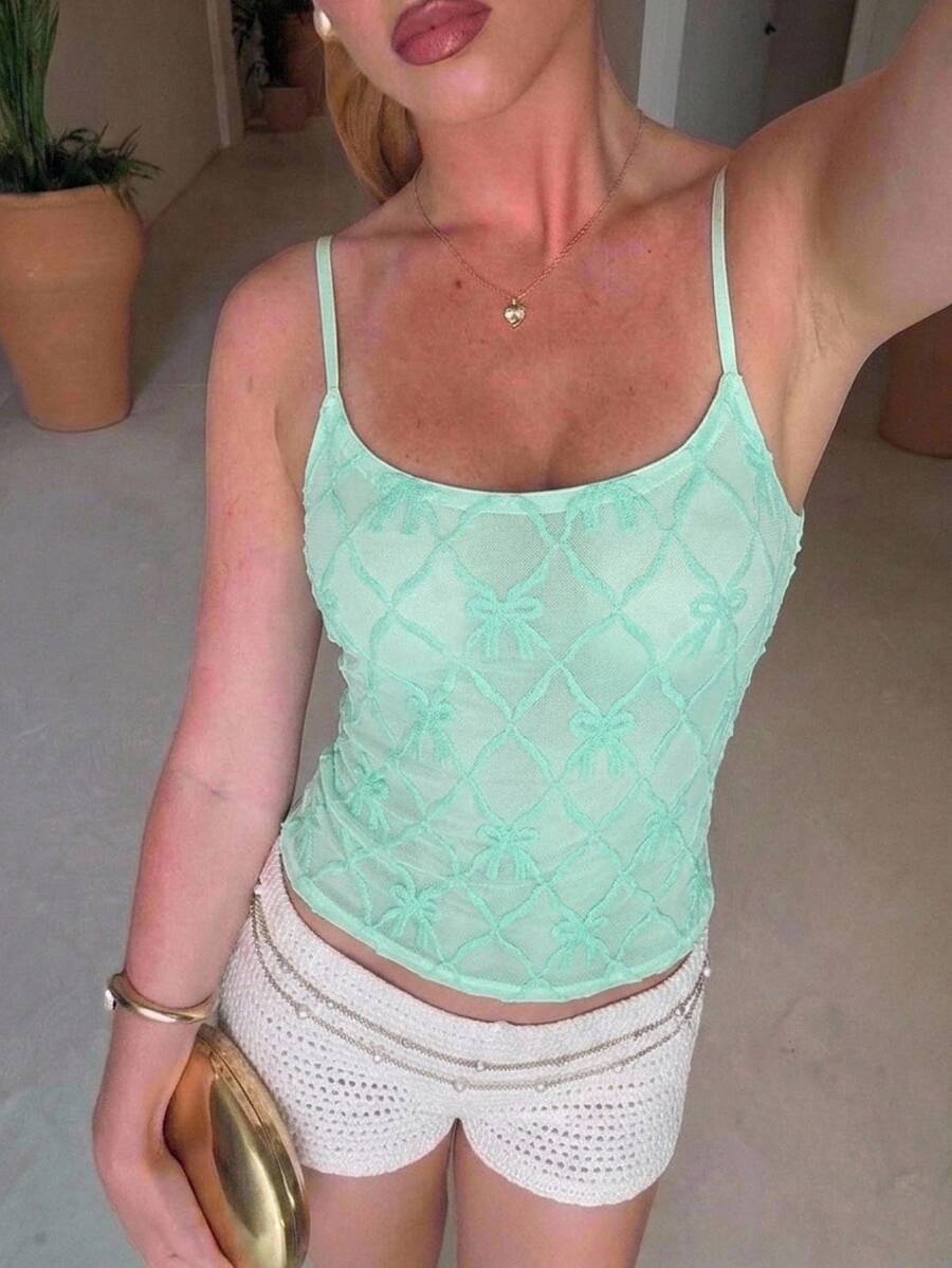 Aloruh 女款鑽石壓紋休閒百搭日常穿著細肩帶上衣 Y2K 風格度假穿搭可愛亮片上衣 - 彩色 - 查看 1