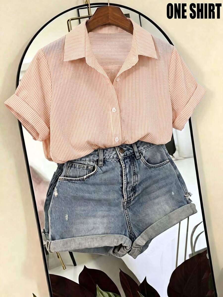 SHEIN Franclia 女款條紋泡泡皺褶布料短袖襯衫,適合度假、通勤與社交場合 - 淡黃色 - 查看 1