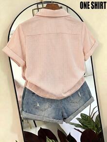 SHEIN Franclia 女款條紋泡泡皺褶布料短袖襯衫，適合度假、通勤與社交場合 - 淡黃色 - 查看 2