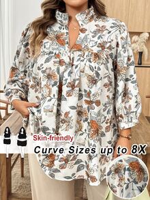 SHEIN CURVE+ 大尺碼女款花卉印花休閒百搭日常穿著襯衫 秋季 - 彩色 - 查看 1