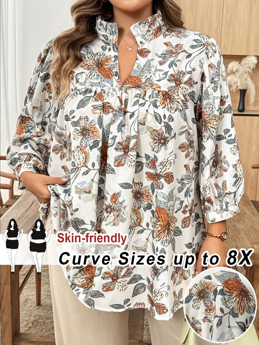 SHEIN CURVE+ 大尺碼女款花卉印花休閒百搭日常穿著襯衫 秋季 - 彩色 - 查看 1