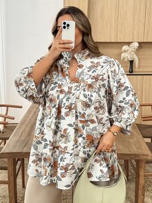 SHEIN CURVE+ 大尺碼女款花卉印花休閒百搭日常穿著襯衫 秋季 - 彩色 - 查看 3