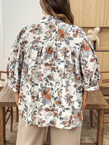 SHEIN CURVE+ 大尺碼女款花卉印花休閒百搭日常穿著襯衫 秋季 - 彩色 - 查看 2