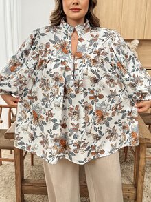 SHEIN CURVE+ 大尺碼女款花卉印花休閒百搭日常穿著襯衫 秋季 - 彩色 - 查看 6
