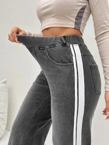 Flexra 女款夏季休閒運動街頭風寬腿高腰深灰色牛仔褲，彈性修身顯身材，適合外出、健身、日常穿著的時尚牛仔褲 - 淺灰色 - 查看 4