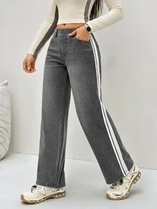 Flexra 女款夏季休閒運動街頭風寬腿高腰深灰色牛仔褲，彈性修身顯身材，適合外出、健身、日常穿著的時尚牛仔褲 - 淺灰色 - 查看 7