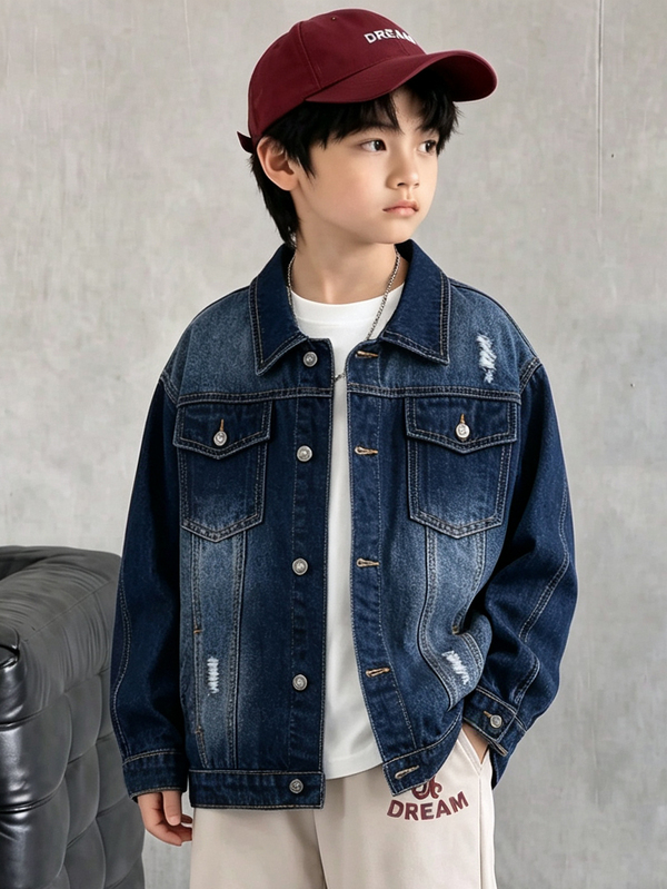 Chaqueta vaquera desgastada de manga larga con un solo botón, estilo casual urbano para niño preadolescente, azul marino, otoño, vacaciones, vuelta al cole